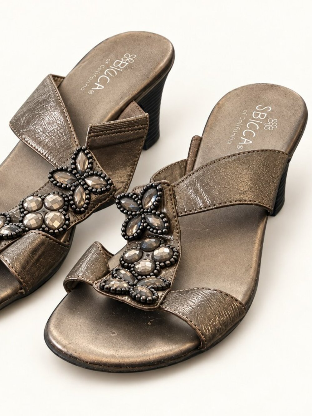 Sbicca Bronze Metallic Beaded Floral Slide Sandals Block Heels